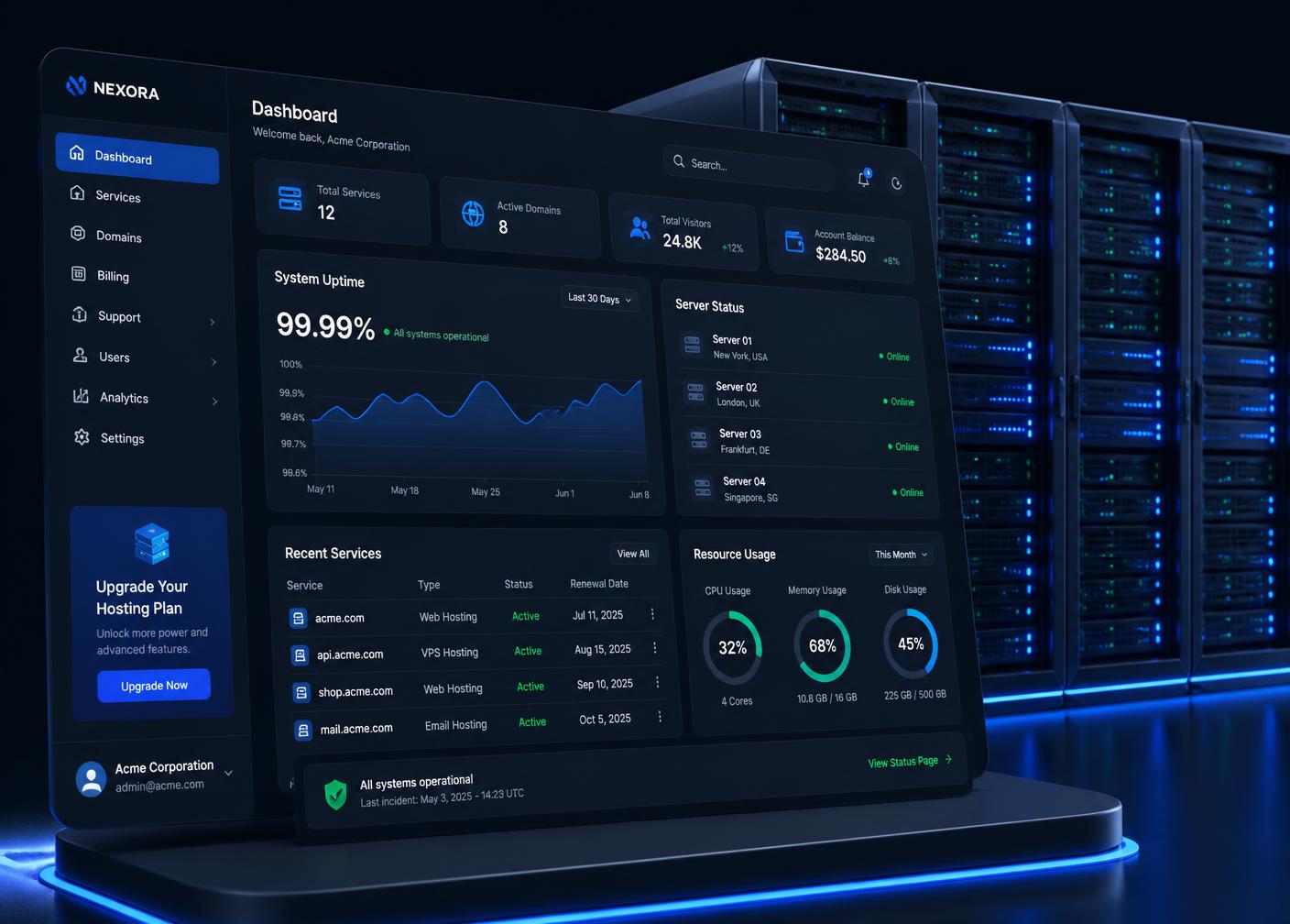 Hosting dashboard showing uptime, server status and resource usage next to a server rack